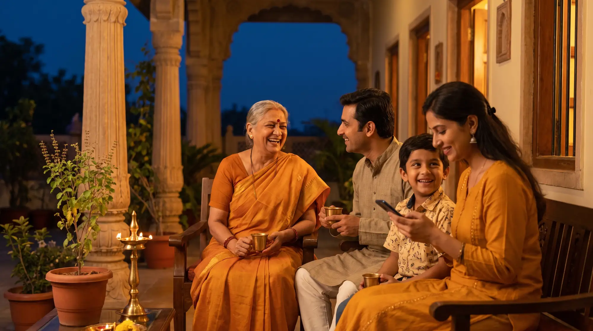 Three generations of a family laughing together over chai